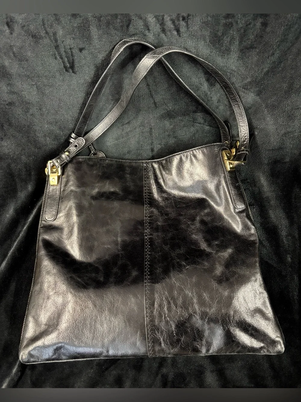 Badgley Mischka Black Genuine Leather Expandable Tote Shoulder Bag
